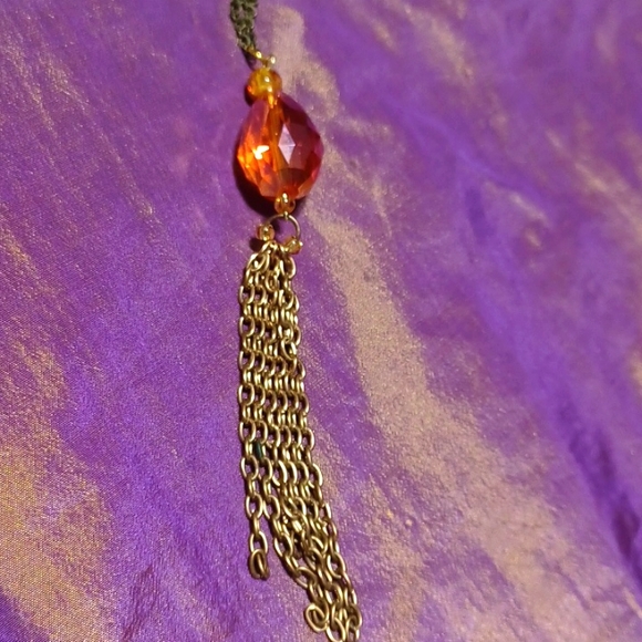 Gold tassel pendant necklace golden bead amber glass honey orange chain handmade - Picture 5 of 7